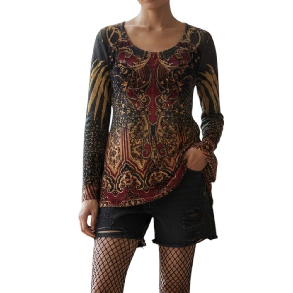 Vintage Y2K Baroque Print Velour Hi-Low Tunic Top Boho Maximalist S